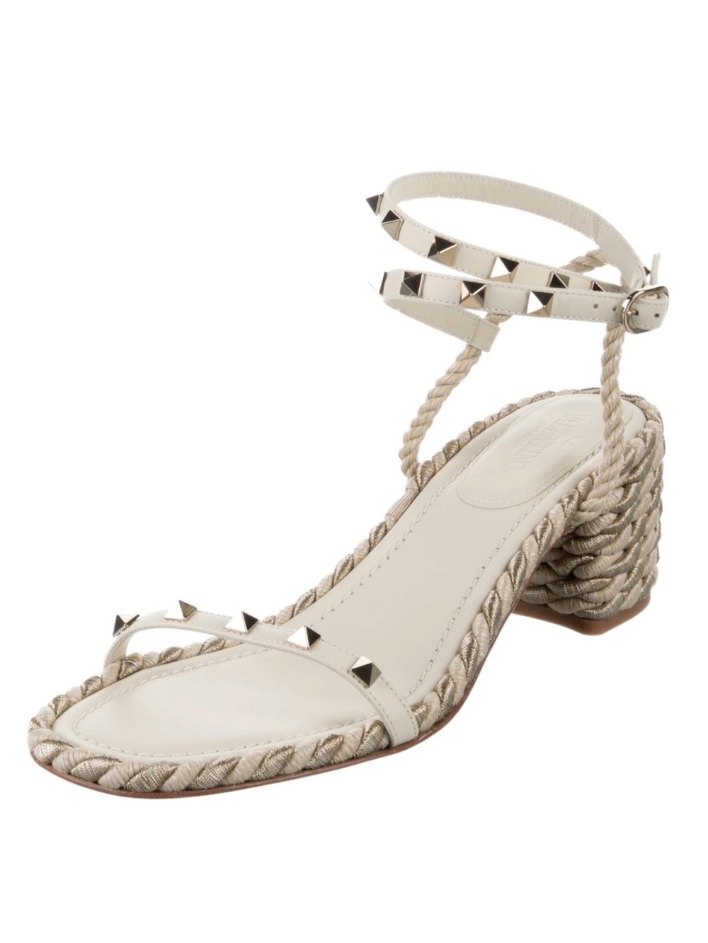Valentino Garavani Ivory Studded Rope-Trim Block Heel Sandal